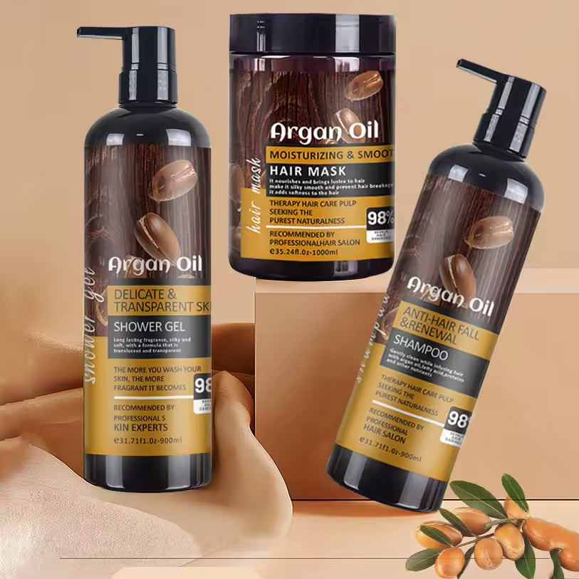 Dropshipping Morocco Argan Oil Hair Product Set Anti Frizz Set Hair Care Products Nutrient Hair Mask Serum Shampoo and Conditioner